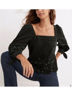 Madewell Embroidered Eyelet Corduroy Tie-Sleeve Top Blouse Dark Palm